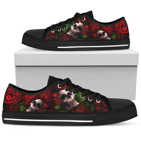 Image of Black And Red Skulls And Roses Boho,Streetwear,All Star,Custom Shoes,Women's Low Top,Bright Colorful,Mandala shoes,Fashion Shoes,Casual Shoe