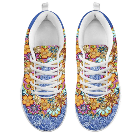 Image of Blue Colorful Flower Athletic Sneakers,Kicks Sports Wear, Kids Shoes, Custom Shoes, Shoes Womens, Low Top Shoes, Top Shoes,Running Shoes