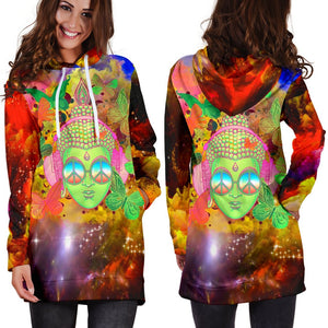 Colorful Abstract Galaxy Buddha Pullover Long Dress, Dresses Sweatshirt, Custom Made,Womens Hoodie Dress,Custom Printed,Woman Girl Gift