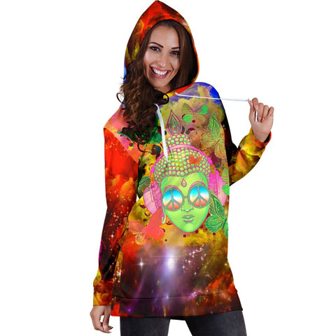 Image of Colorful Abstract Galaxy Buddha Pullover Long Dress, Dresses Sweatshirt, Custom Made,Womens Hoodie Dress,Custom Printed,Woman Girl Gift