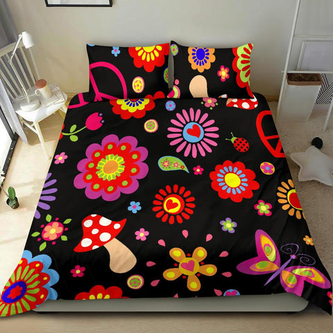 Image of Colorful Hippie Floral Peace Bed Set, Printed Duvet Cover, Bedding Coverlet, Bed Room, Dorm Room College, Twin Duvet Cover,Multi Colored
