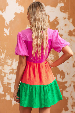 Image of Color Block Buttoned Puff Sleeve Dress