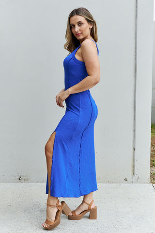 Image of Culture Code Look At Me Full Size Notch Neck Maxi Dress with Slit in Cobalt Blue