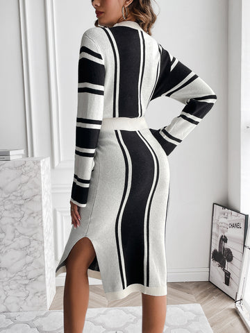 Image of Slit Striped Mock Neck Sweater Dress