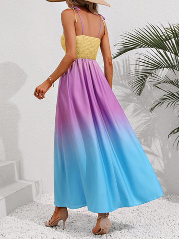 Image of Color Block Tie Shoulder Smocked Maxi Dress