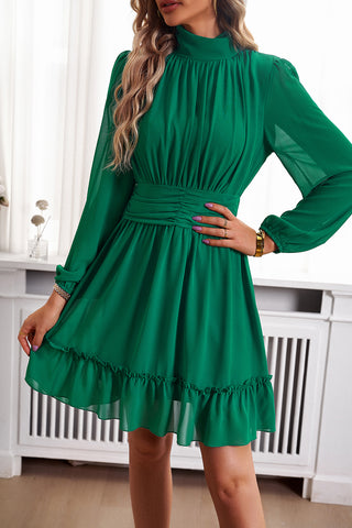 Image of Frill Ruched Mock Neck Balloon Sleeve Dress