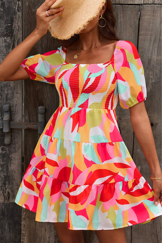 Image of Multicolored Square Neck Smocked Mini Dress