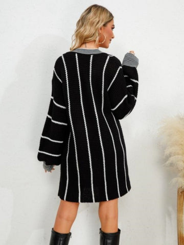 Image of Striped V-Neck Long Sleeve Mini Dress