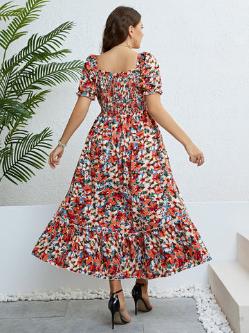 Image of Plus Size Floral Smocked Square Neck Dress