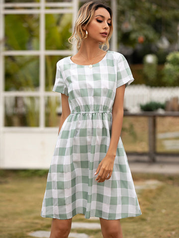 Image of Smocked Plaid Round Neck Short Sleeve Dress