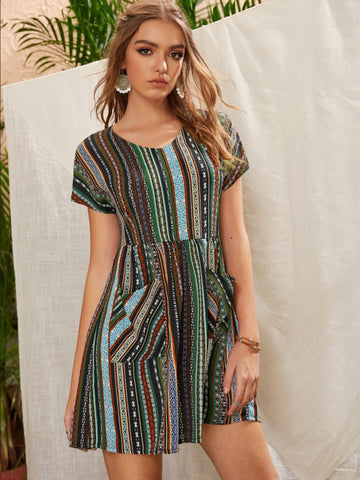 Image of Pocketed Striped Short Sleeve Dress