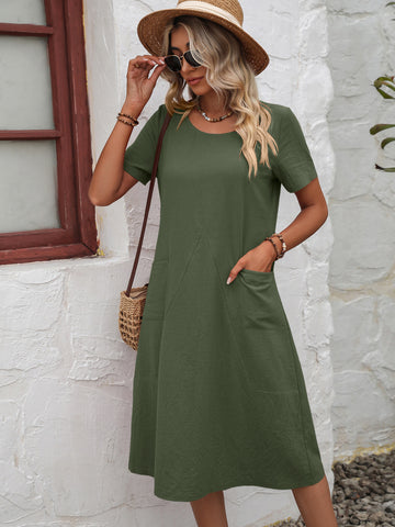 Image of Round Neck Short Sleeve Dress with Pockets