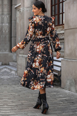 Image of Floral Surplice Tie Front Ruffle Hem Midi Dress