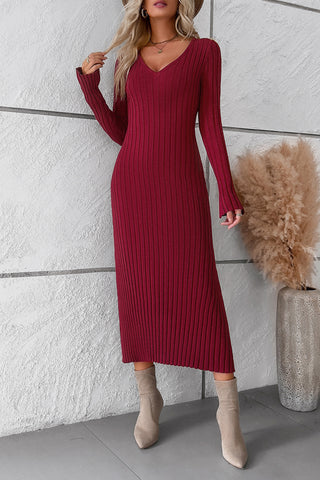 Image of V-Neck Long Sleeve Ribbed Sweater Dress