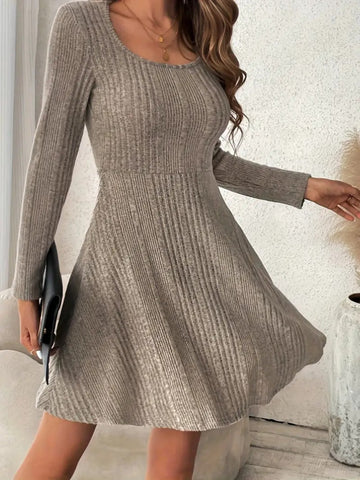 Image of Ribbed Scoop Neck Long Sleeve Sweater Dress