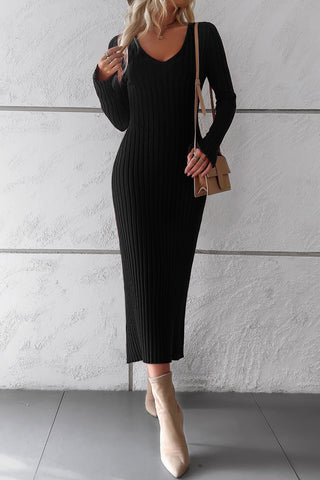 Image of V-Neck Long Sleeve Ribbed Sweater Dress
