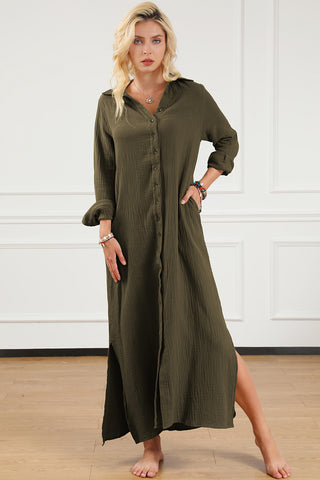 Image of Texture Collared Neck Button Up Slit Shirt Dress