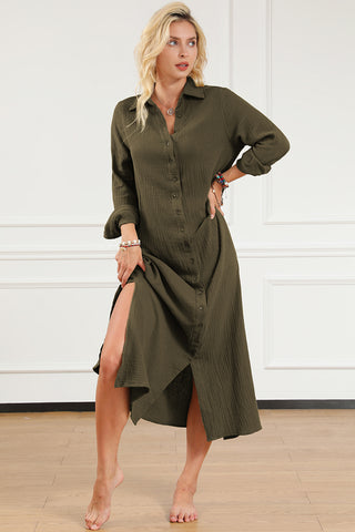Image of Texture Collared Neck Button Up Slit Shirt Dress