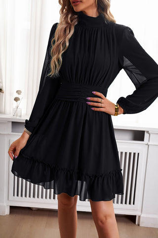 Image of Frill Ruched Mock Neck Balloon Sleeve Dress