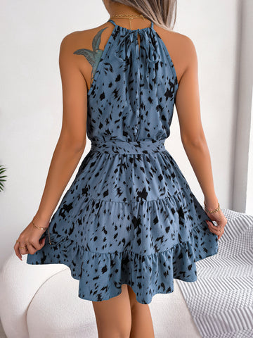 Image of Halter Neck Printed Tie Waist Sleeveless Mini Dress