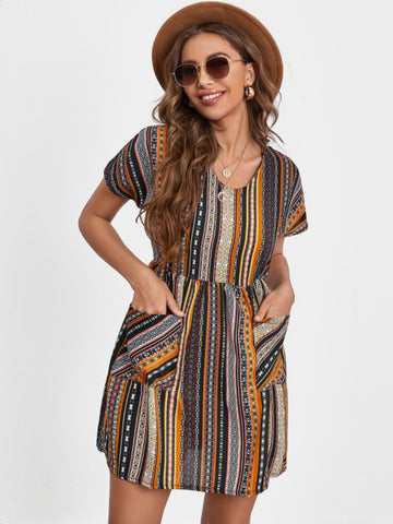 Image of Pocketed Striped Short Sleeve Dress