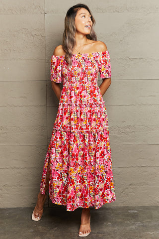 Image of Floral Off-Shoulder Frill Trim Maxi Dress
