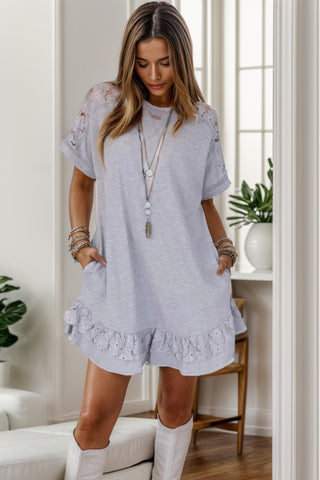 Image of Lace Detail Round Neck Short Sleeve Dress