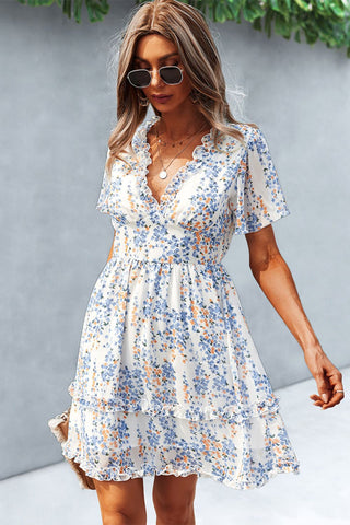 Image of Printed Flutter Sleeve V-Neck Dress