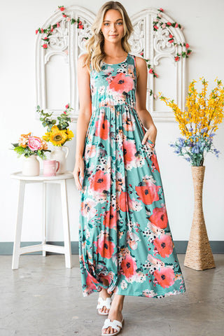 Image of Floral Sleeveless Maxi Dress with Pockets