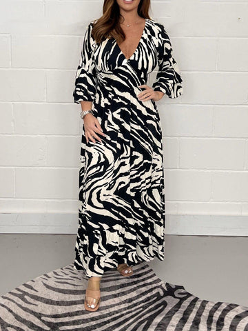 Image of Smocked Printed Flounce Sleeve Maxi Dress