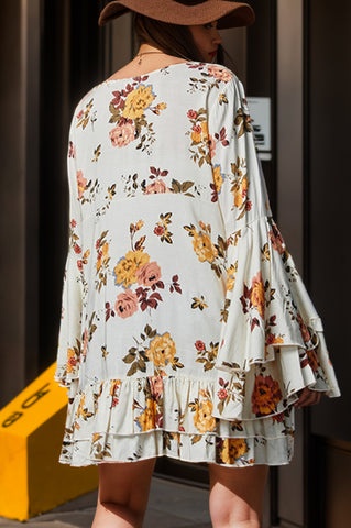 Image of Flower V-Neck Flare Sleeve Mini Dress