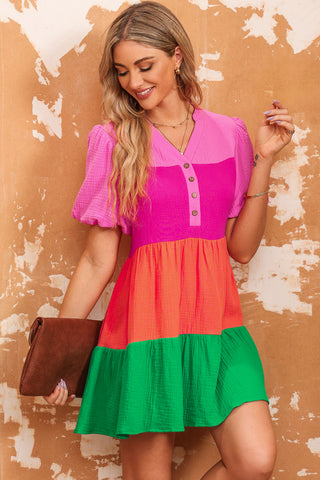 Image of Color Block Buttoned Puff Sleeve Dress