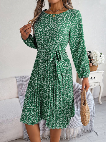 Image of Ditsy Floral Tie Waist Pleated Dress