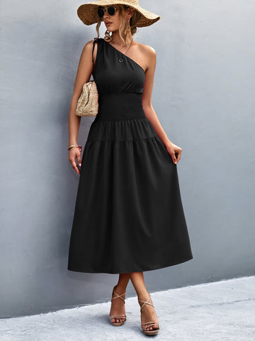 Image of Asymmetrical One Shoulder Smocked Waist Midi Dress
