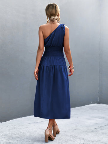 Image of Asymmetrical One Shoulder Smocked Waist Midi Dress