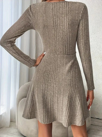 Image of Ribbed Scoop Neck Long Sleeve Sweater Dress