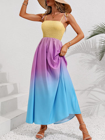 Image of Color Block Tie Shoulder Smocked Maxi Dress