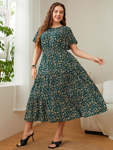 Image of Plus Size Floral Round Neck Short Sleeve Midi Dress