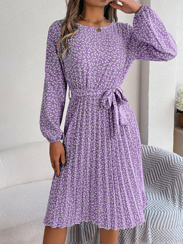 Image of Ditsy Floral Tie Waist Pleated Dress