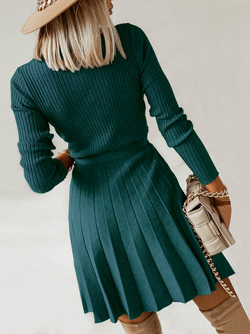 Image of Surplice Neck Tie Front Pleated Sweater Dress