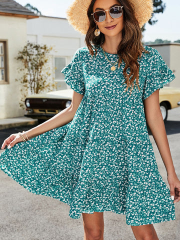 Image of Short Flounce Sleeve Tiered Dress