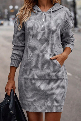 Image of Texture Half Snap Drawstring Hooded Dress