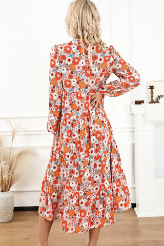 Image of Floral Notched Neck Long Sleeve Dress