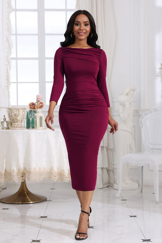 Image of Ruched Boat Neck Midi Dress
