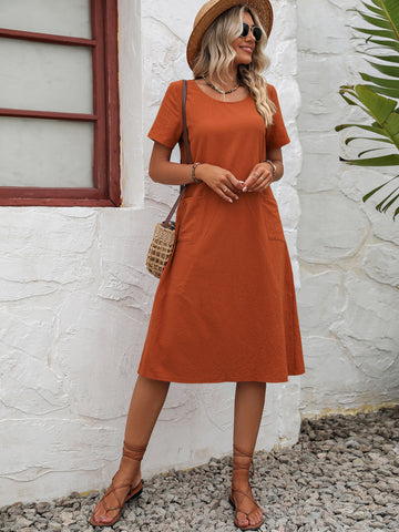Image of Round Neck Short Sleeve Dress with Pockets
