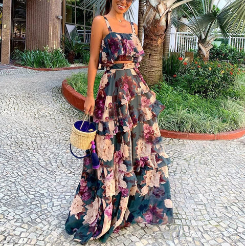 Image of Multicolored Ruffle Floral Crop Top Maxi Skirt Set