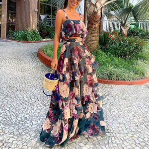 Multicolored Ruffle Floral Crop Top Maxi Skirt Set
