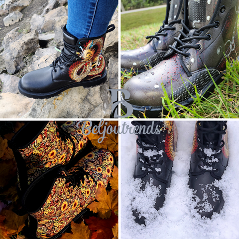 Image of Women's Vegan Leather Boots, Colorful Floral Flowers Design, Handmade Hippie Spiritual Rain Footwear, Classic Streetwear Style