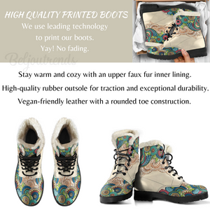 Retro Abstract Art, Winter Faux Fur, Vegan Leather, Faux Fur Boots,Multi Colored,Mandala Ankle Boots,Womens Printed Shoes,Leather Boots