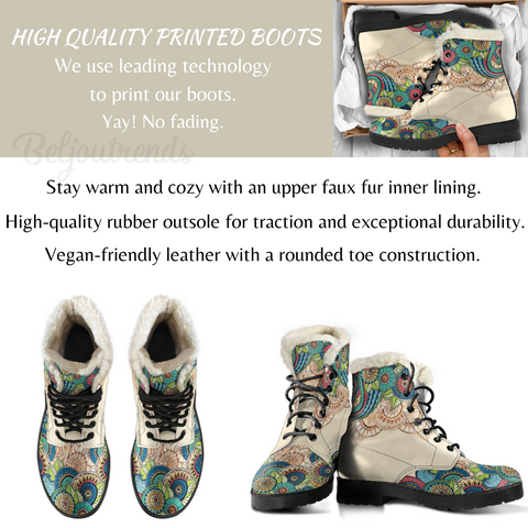 Image of Black, Winter Faux Fur, Vegan Leather, Womens Print Ed Shoes,Mandala Ankle